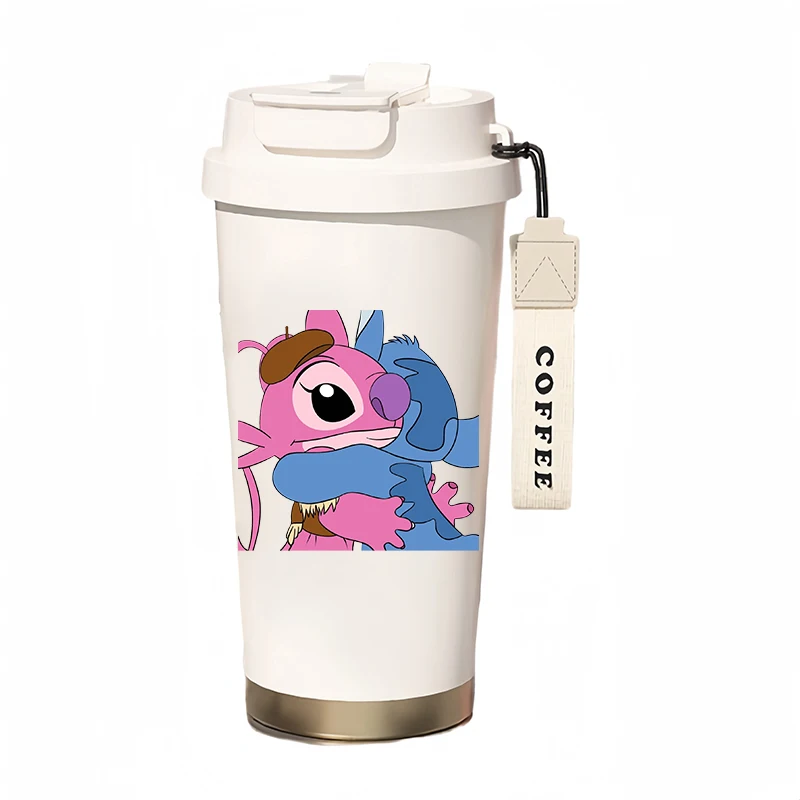 Kawaii Stitch Anime Thermos Bottle with Straw Cartoon Couples Large Capacity Sports Insulated Drinking Cup Car Coffee Water Mug