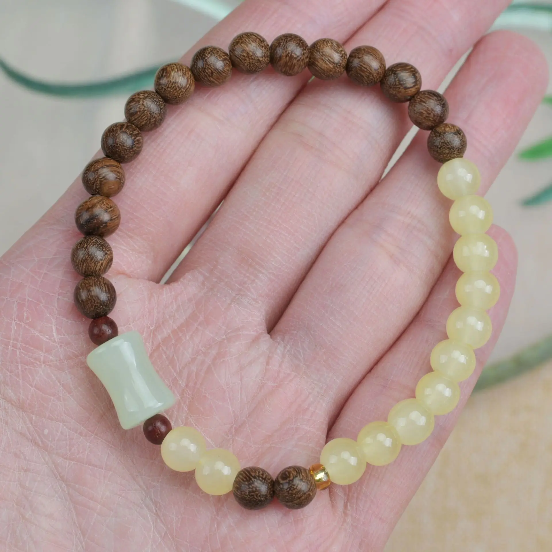 Natural Golden Sandalwood Single-loop Bracelet: Retro Glazed Bamboo Bead Buddhist Prayer Beads Gift