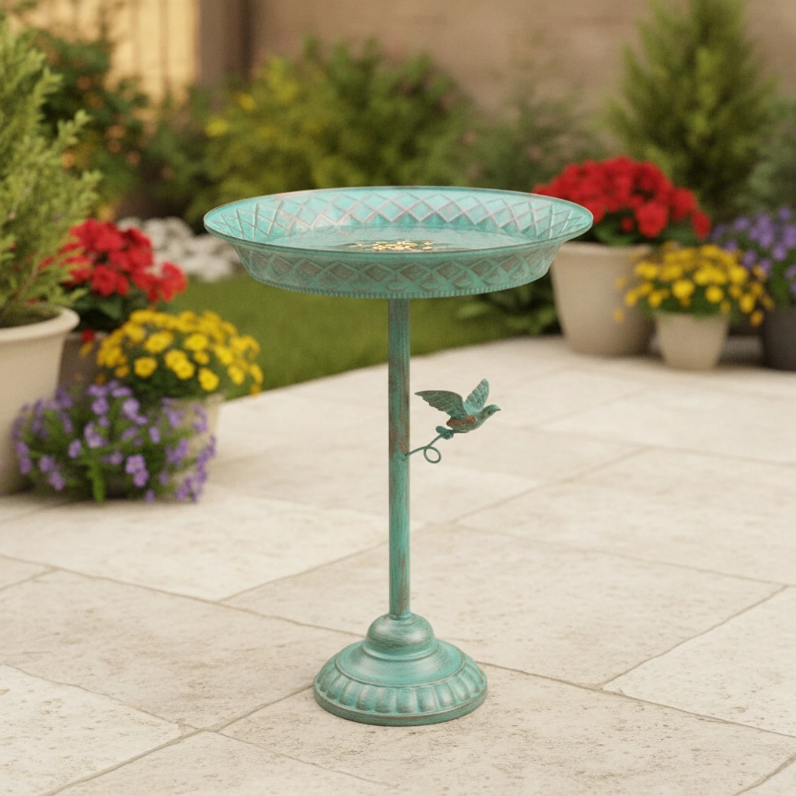 Pedestal Bird Bath Embossed Bird Bath with Pedestal Birdbath Bowl Lattice-Patterned Decor Shallow-Basin for Gardeners, Patio