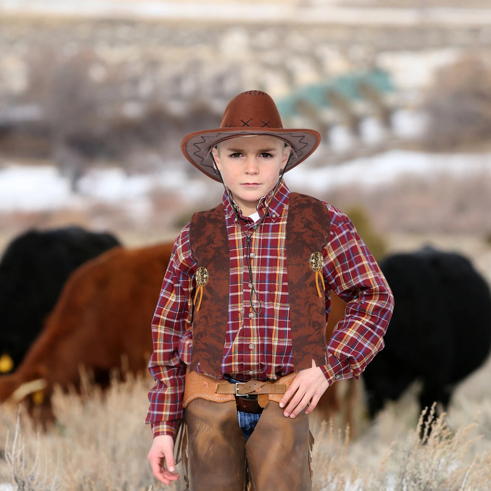 

2 Pcs Denim Theme Costume Cowboy Vest Hat Kids Party Carnival Fancy Dress Halloween Western Outfit Role Play Set