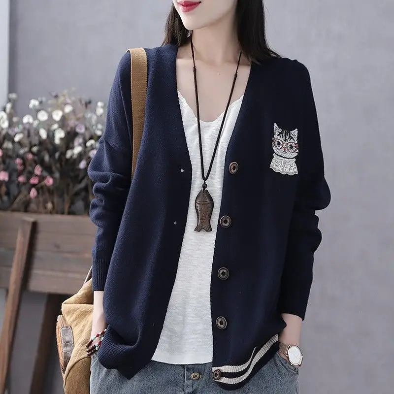 

Embroidery Women's Cardigans Youth New in Knitwear Korean Streetwear Elegant Jackets Fall 2025 Trend V Neck Ladies Knit Sweaters