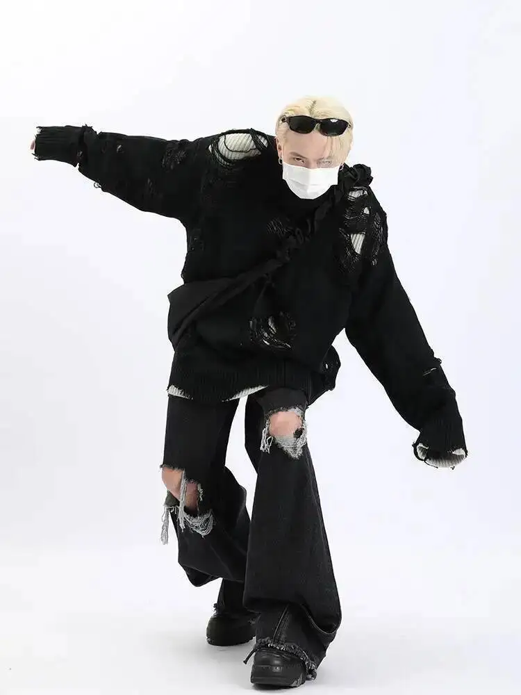 Man Sweater Distressed Hollow Out Reversible Knit Jacket For Men Subculture Style Heavy Duty Lazy Style Two Piece Sweater