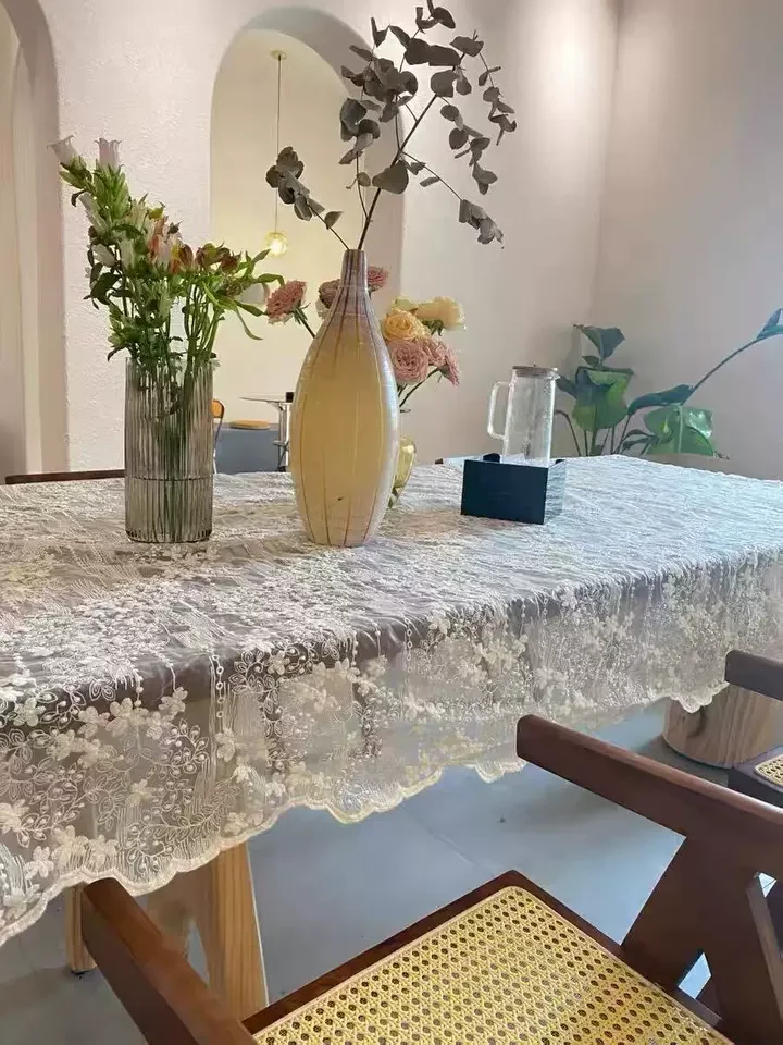French-style White Lace Embroidered Rectangular Tablecloth Cover for Wedding Decoration and Photo Background
