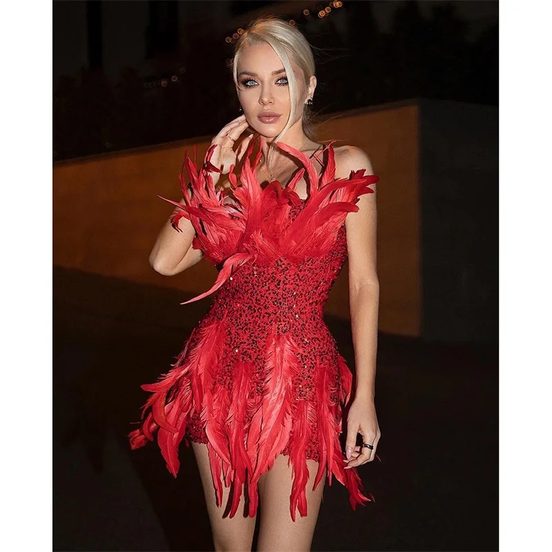 Red Ostrich Feather Prom Dress Formal Sleeveless Sequins Short Mini Party Evening Gown Shiny Glitter Robes In Stock