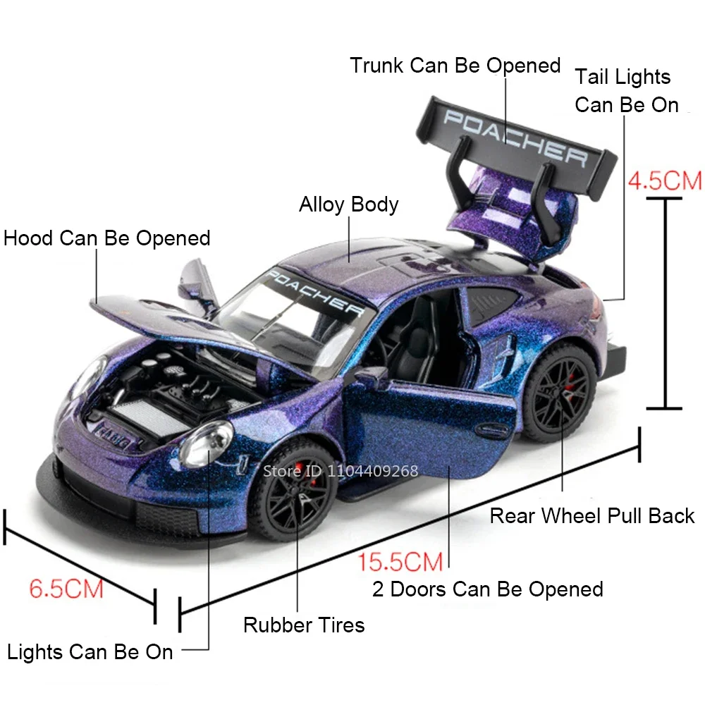 Modelo de coche deportivo GT3-RS 911 Targa 4S, escala 1:32, juguete con sonido ligero, coches de carreras fundidos a presión de aleación, colección de modelos, regalo para niños