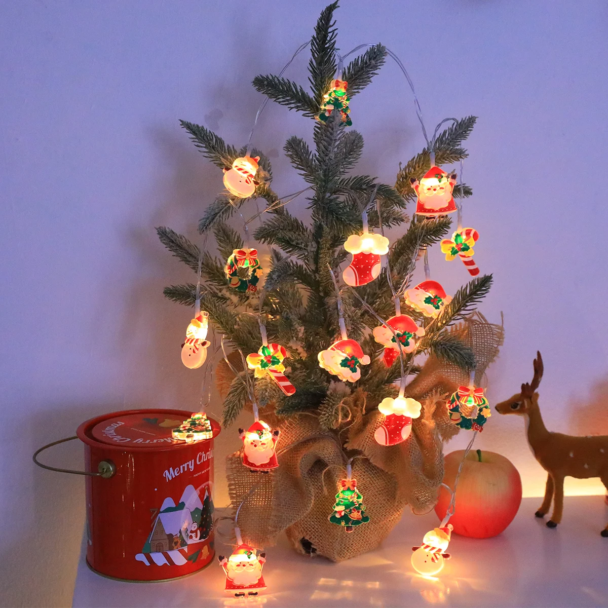 Guirlande lumineuse LED de noël, avec père noël/bonhomme de neige/canne à bonbons/bas de noël/designs de flocons de neige, pour fête de noël/intérieur/arbre