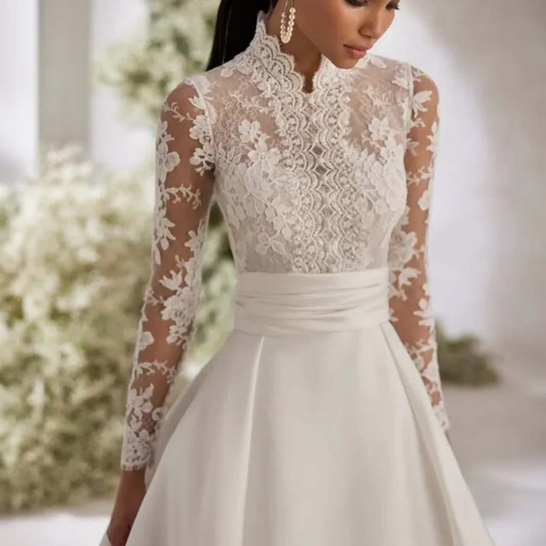 

Customized Elegant A Line Simple ivory white Spaghetti Appliques Wedding Dresses Long sleeves Bridal Gowns Made Dress Train