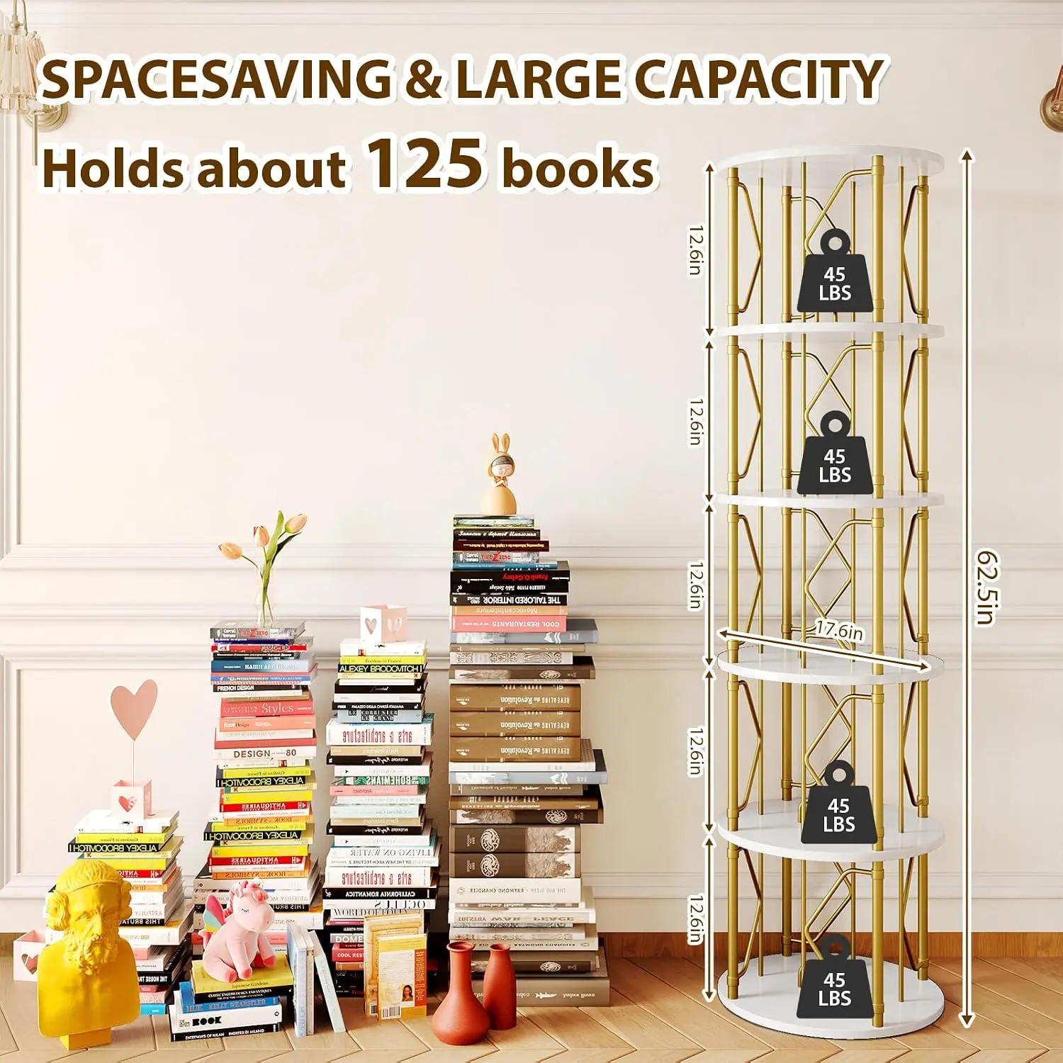 5 Tier Rotating Bookshelf 360° Spinning Narrow Swivel Vertical Corner Organizer Bedroom Living Room Gold White, Customized