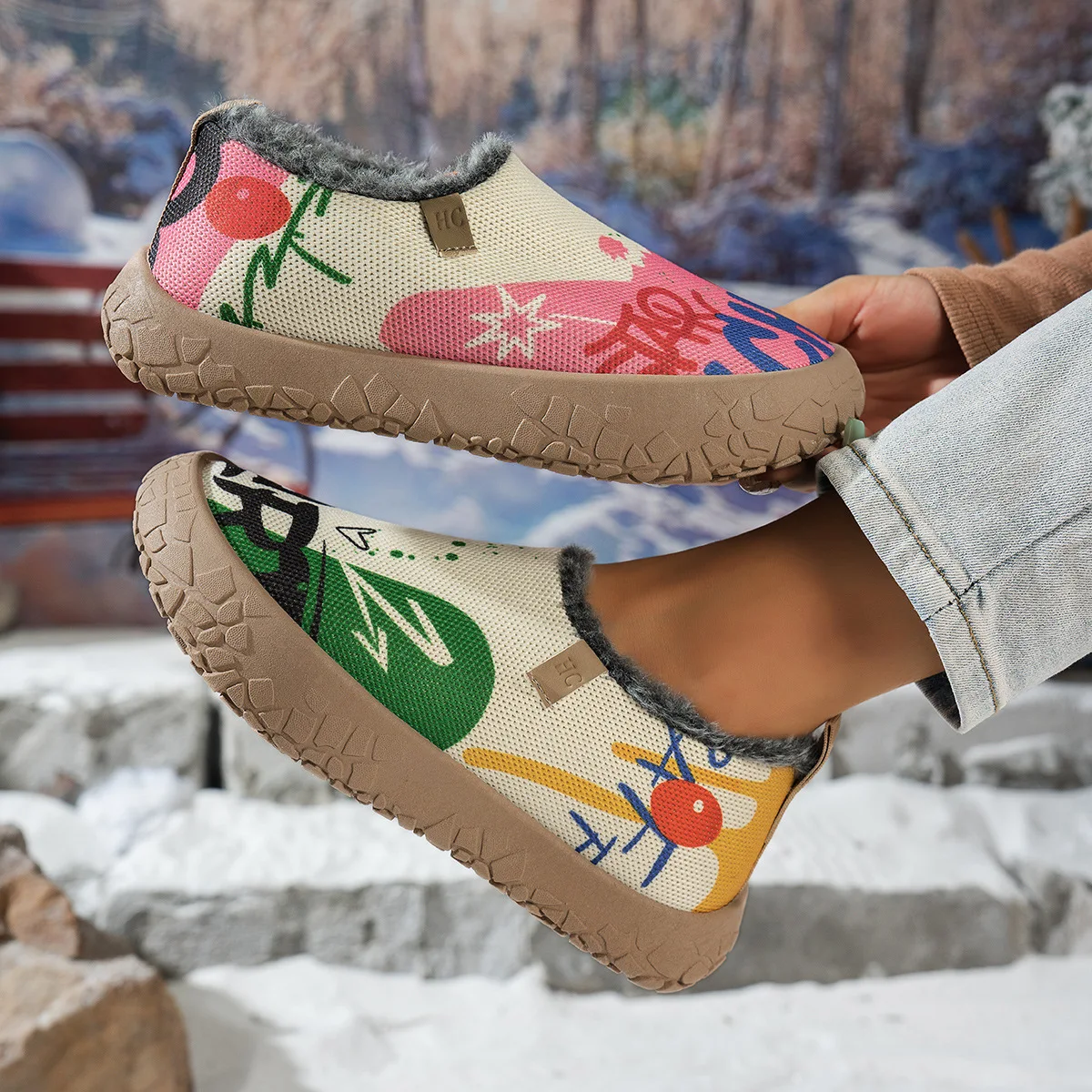 Damen Winter Slip-on Freizeitschuhe Graffiti-Obermaterial Fleece-gefüttert Rutschfeste Dicke Sohle Warme Outdoor-Wanderschuhe – Detail 4