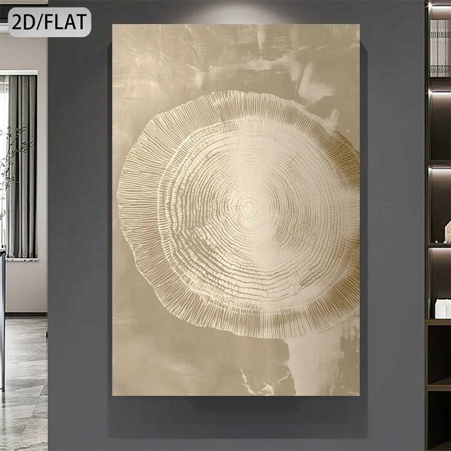 2D Flat Large Modern Minimalist Abstract Tree Ring Canvas Wall Art, Unframed Warm Beige Tones Poster for Living Room Decortions