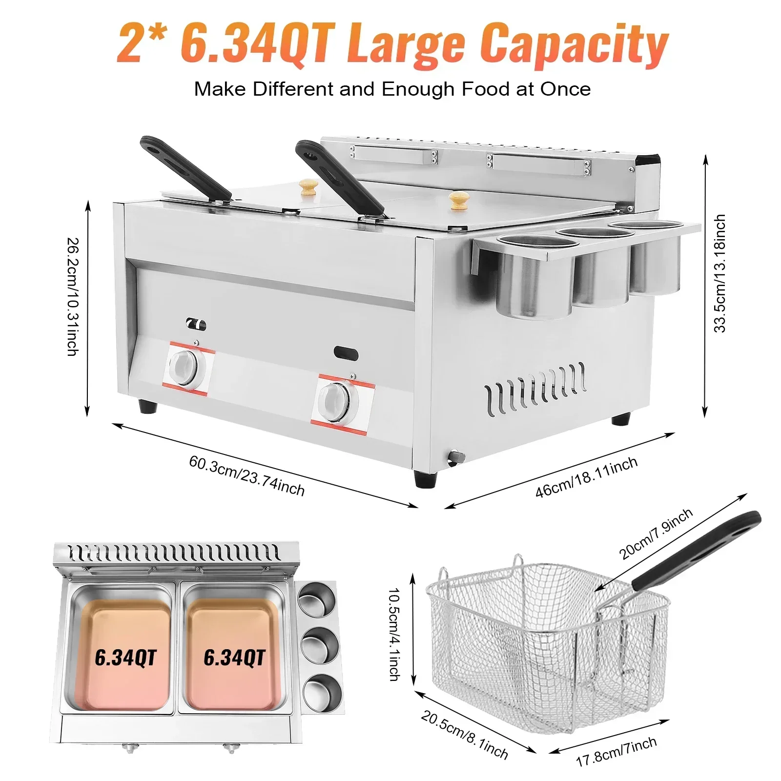 مقلاة عميقة تعمل بالغاز التجارية ذات خزان مزدوج، حرارة سريعة، كفاءة عالية، ستانلس ستيل، موفرة للطاقة، سهلة التنظيف، تصميم آمن