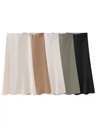 ZEVITY-Saia Midi de Cetim Macio Feminina, Cintura Alta, Vintage, Casual, Fina, Saias A Line, Monocromáticas, Moda Feminina, QUN6227, 2022