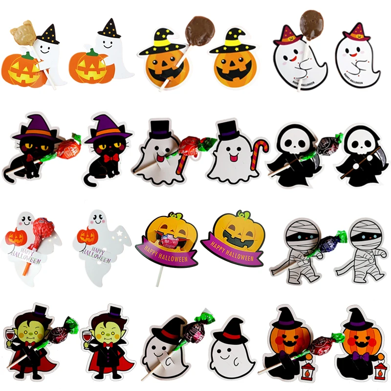 50PCS Halloween Candy Package Card Cartoon Ghost Pumpkin Lollipop Holder Biscuits Decoration Kids Gift Home Party DIY Supplies