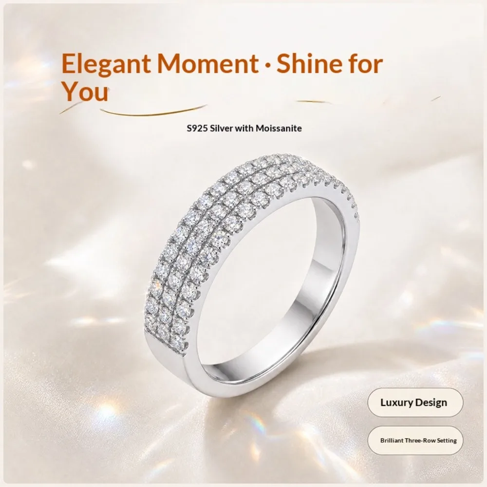 S925 Silber 3-reihiger D-Farben-Moissanit-Halb-Eternity-Ring für Damen, Edelschmuck, Weißgold-Diamant-Ehering, Jubiläumsgeschenk – Detail 6