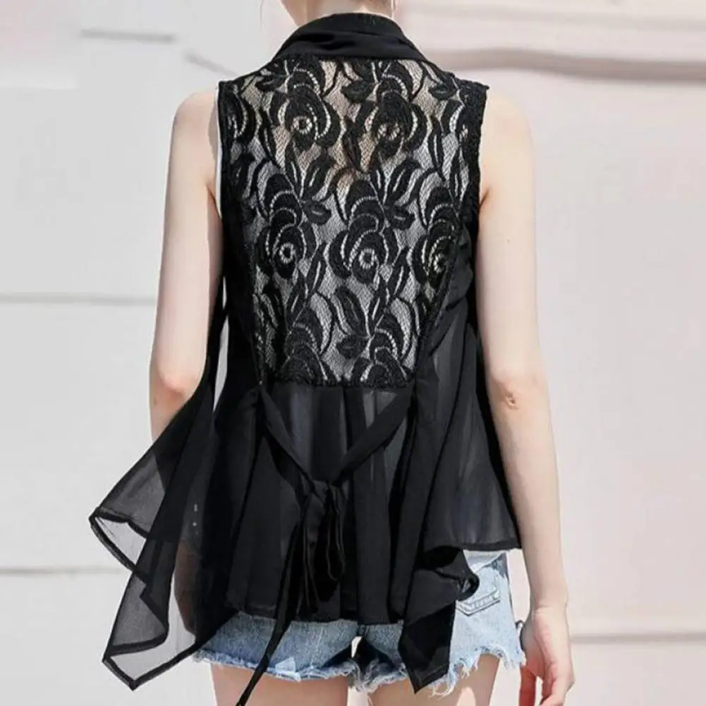 Women Chiffon Coat Back Embroidery Lace Floral Chiffon Vest Top Scarf Collar Sleeveless Irregular Draped Hem Lace-up Vest Jacket