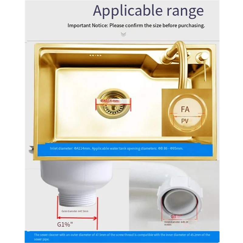 ABXF-드레인 싱크 다운커머 114MM 오버플로 오픈 홀 86-95 주방용 금도금 스테인레스 스틸 스트레이너