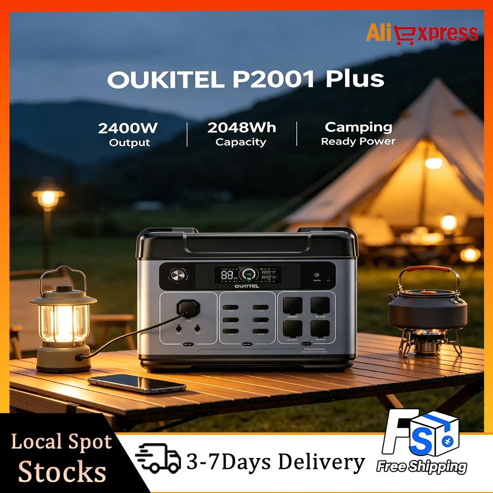 OUKITEL P2001 Plus portable power station comes with 2400W continuous AC output and massive 2048Wh capacity. Adopts pure sine wave inverter to safely power refrigerators, power tools and daily home appliances.Supports wall charging, car charging