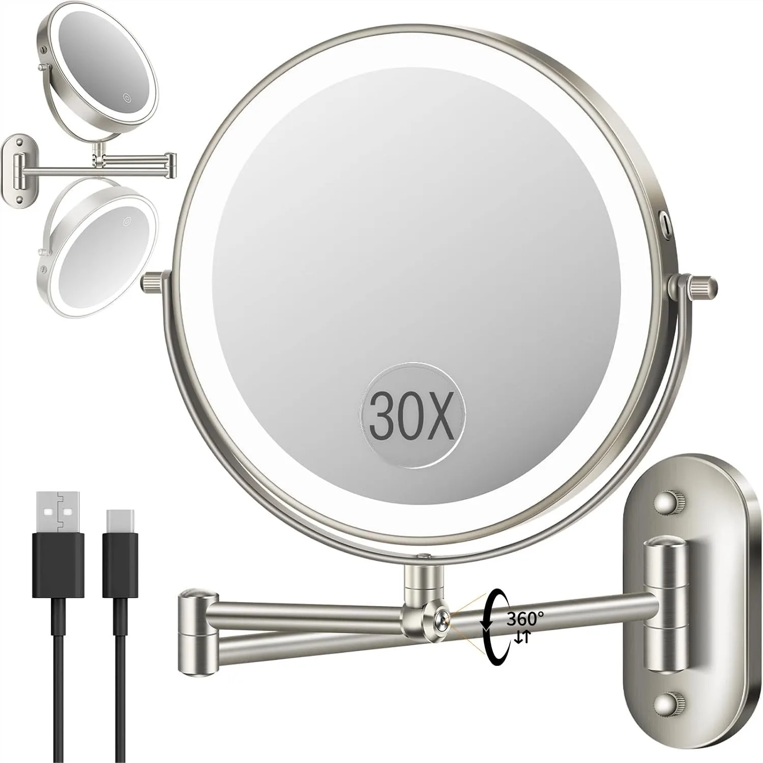 

9 Inch Wall Mounted Lighted Makeup Mirror With 30X/1X Magnification, Height Adjustable Double Sided 5000mAh Rechargeable Bathroom Mirror With 3 Color Modes Touch Dimmable And 360 Rotation Arm