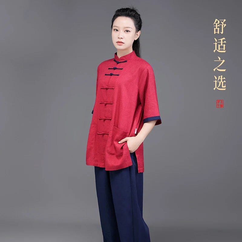 Summer Thin Short Sleeve Tai Chi Suit, Unisex Linen Cotton Top for Baduanjin & Martial Arts Practice