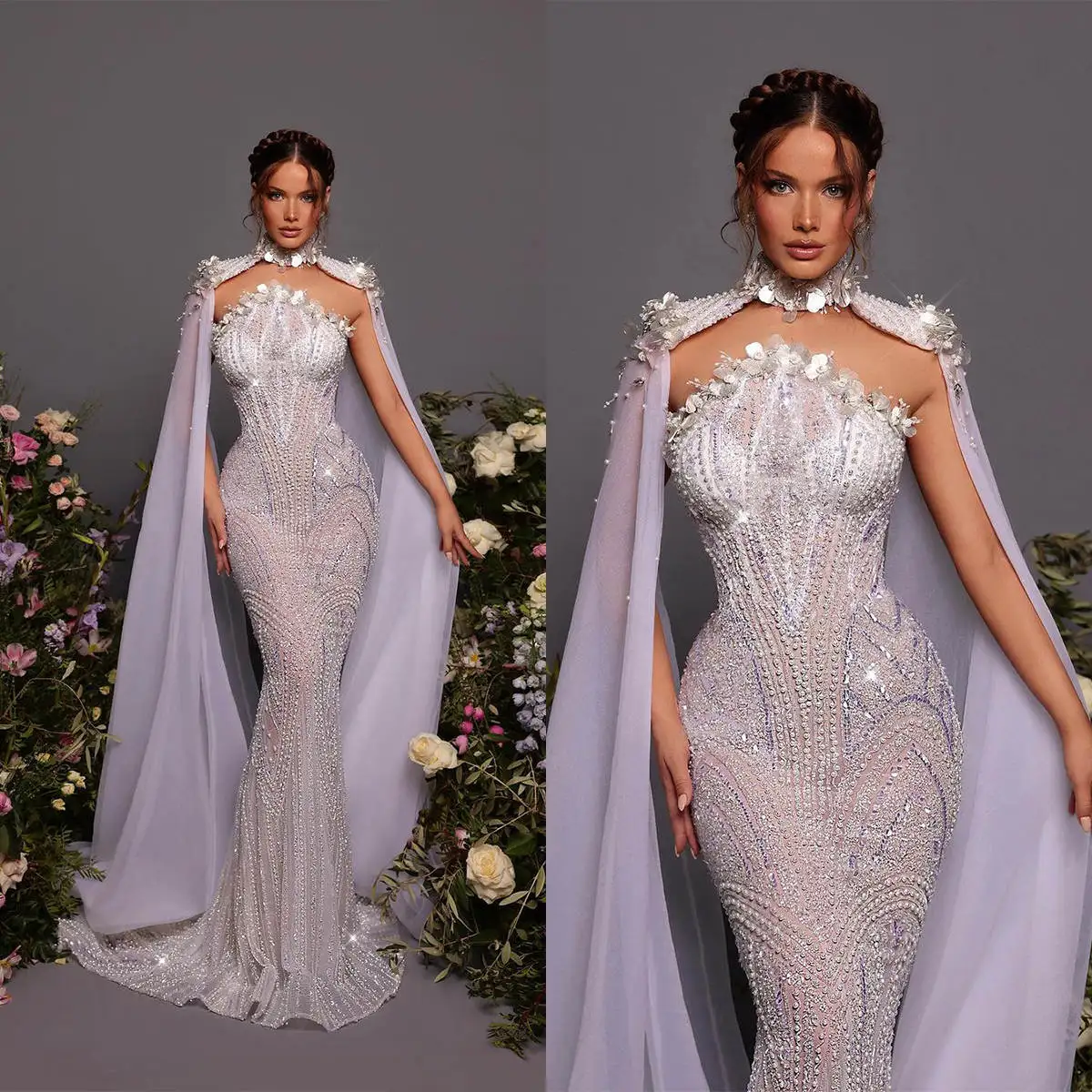 Fashion Mermaid Wedding Dresses For Women High Collar Wrap Sleeveless Bridal Gown Pearls Sequins Sweep Train Customized Dress