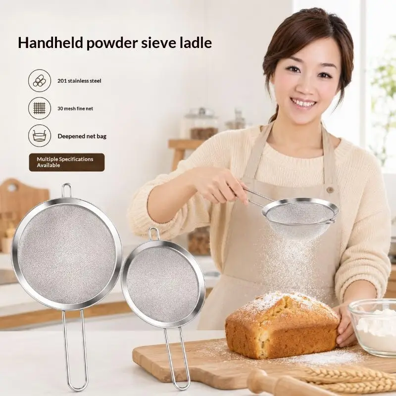 Flour Strainer Mesh With Handle Diameter7/8/10/12/14/16/18/20/22cm Stainless Steel Colander Tea Sifter Kitchen Sieve Filter Tool