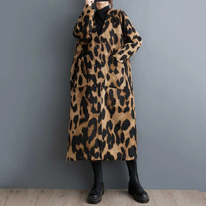 Beautyblue New in Coats&jackets Leopard Elegant Coat Woman Long Sleeves Pockets Split-Joint V-Neck Outerwear Female Trench Coats