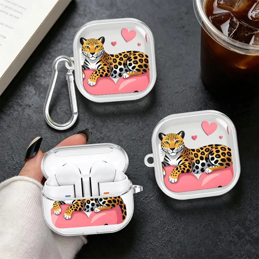 Case For Samsung Galaxy Buds 4Pro Live 2 2Pro 4 Pro 3Pro 3 FE Clear Earphone Cases Cover With Hook Cartoon Leopard