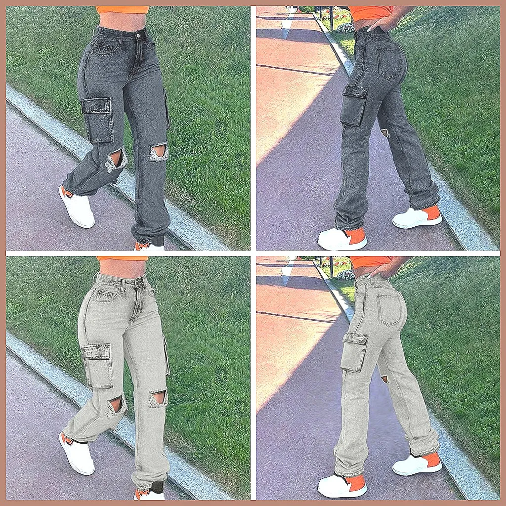 

Women's Baggy Cargo Jeans Streetwear Black Denim Washed Casual Straight Trousers