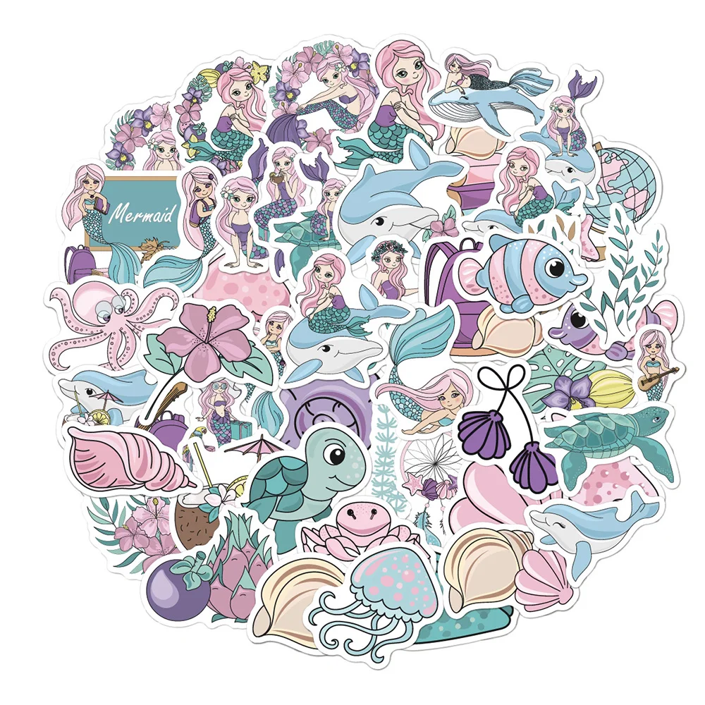 10/30/50PCS Cute Mermaid Animal Sticker Kid Toy Funny Aquatic Creatures DIY Phone Luggage Laptop Notebook Cartoon Sticker Decals