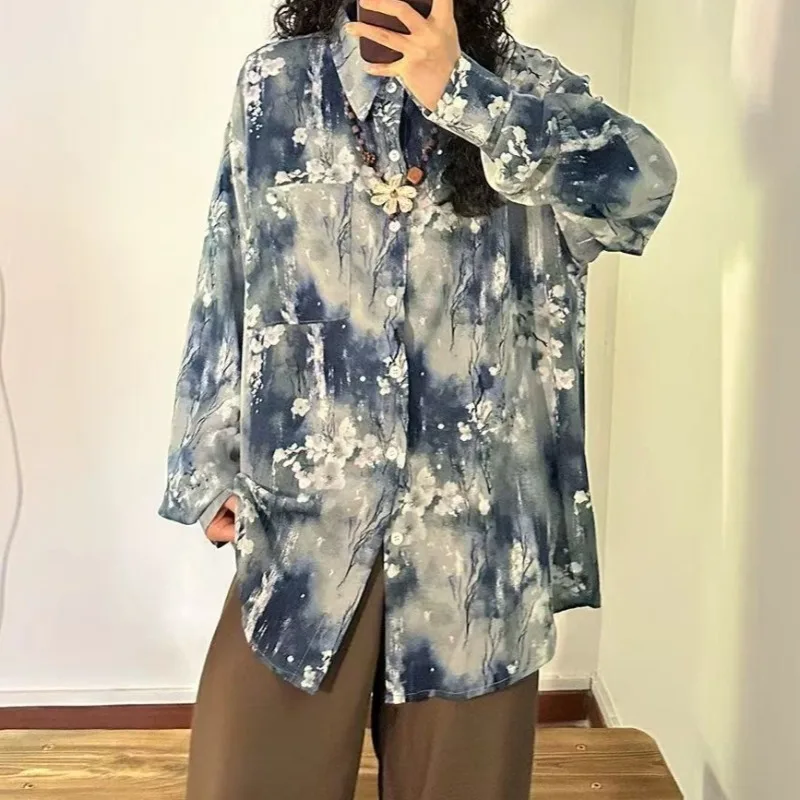 Y2k Clothes Print Women Blouses Chinese Painting Floral Loose Shirts Spring Autumn Fashion Streetwear Blusas Mujer