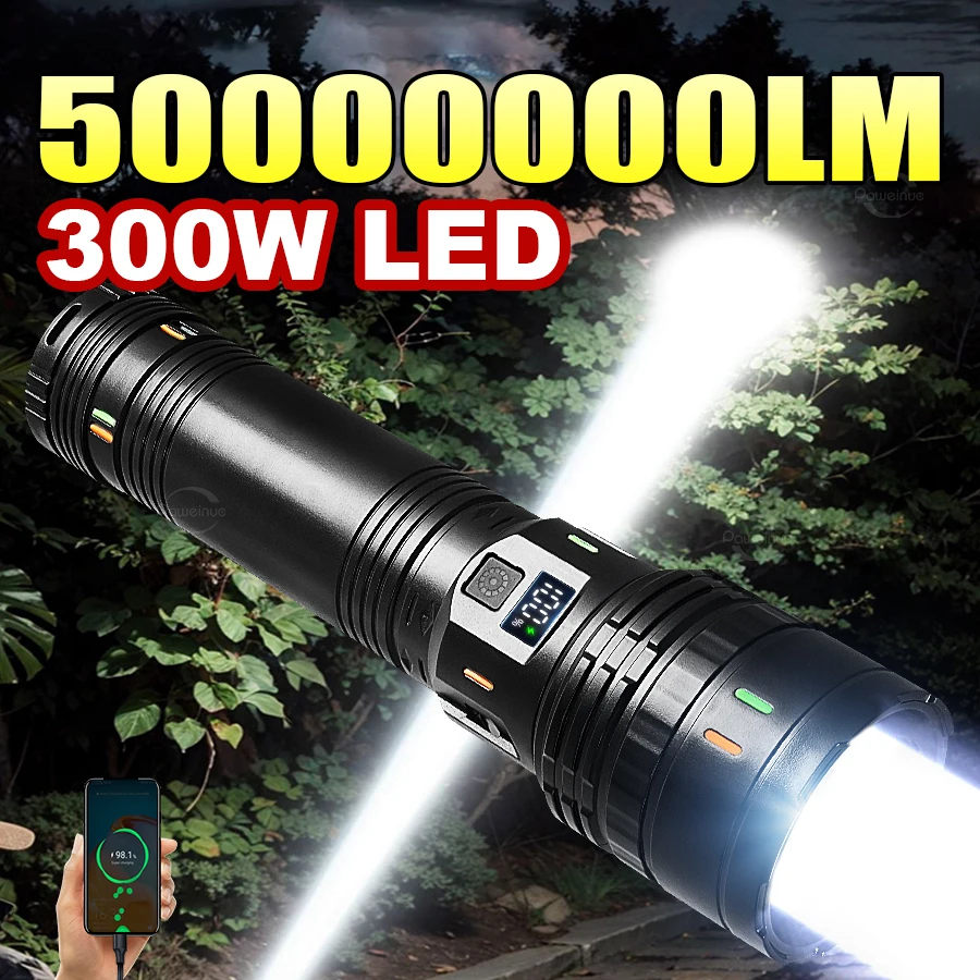 

50000000LM 300 Вт светодиодные сверхмощные фонарики Type-C перезаряжаемый фонарь 20000 мАч тактический светодиодный фонарик высокой мощности