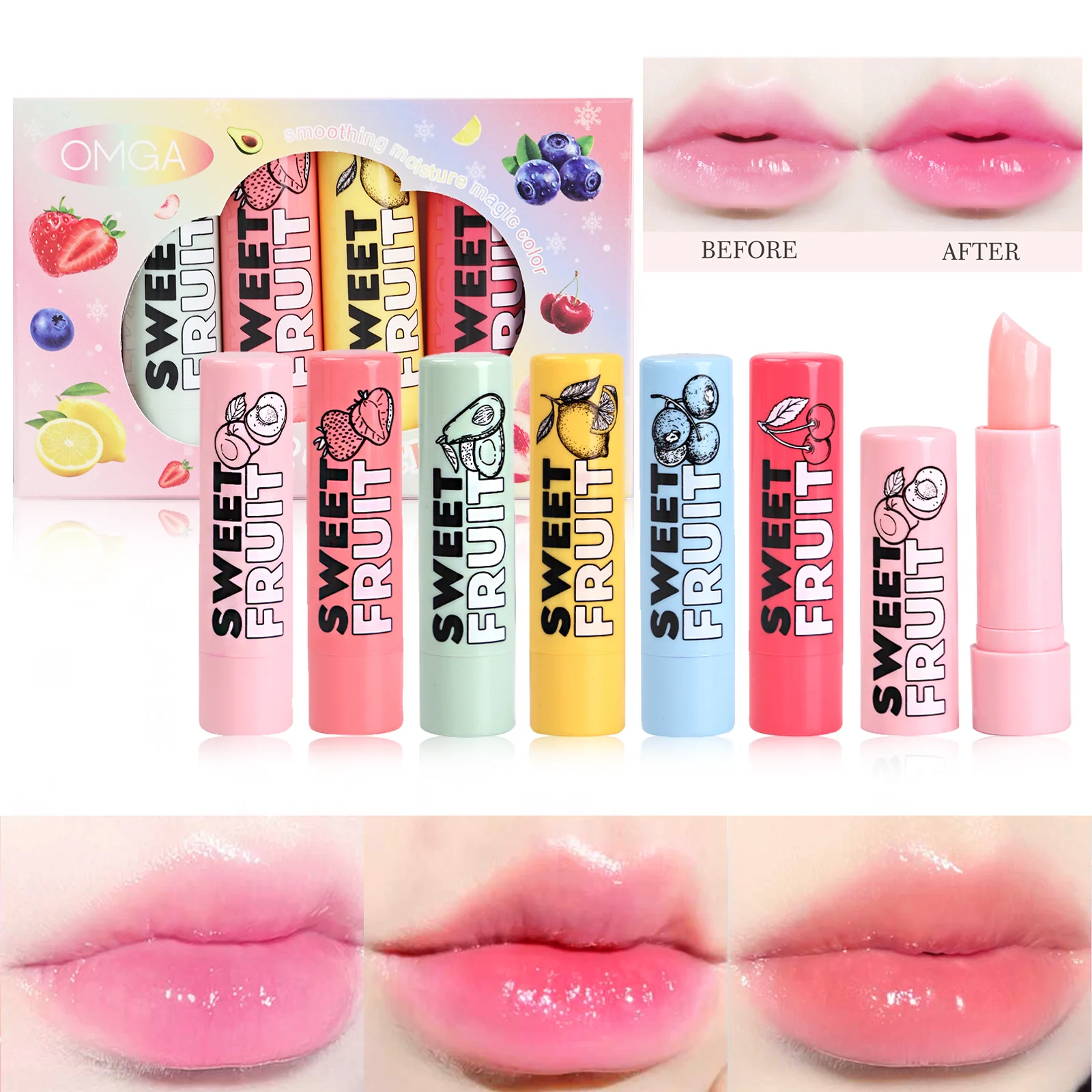 6Pcs Fruit Sweet Fruit Lip Balm Set Temperature Color Changing Lipstick Long Lasting Moisturizing Lip Care Lip Makeup