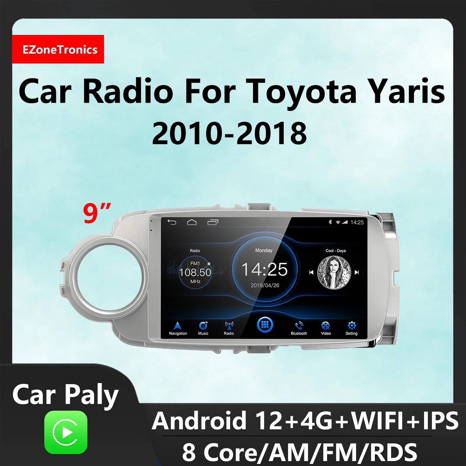 EzoneTronics CarPlay Android Auto CarRadio for Toyota Yaris 2010-2018 GPS Navigation Bluetooth Player Entertainment System