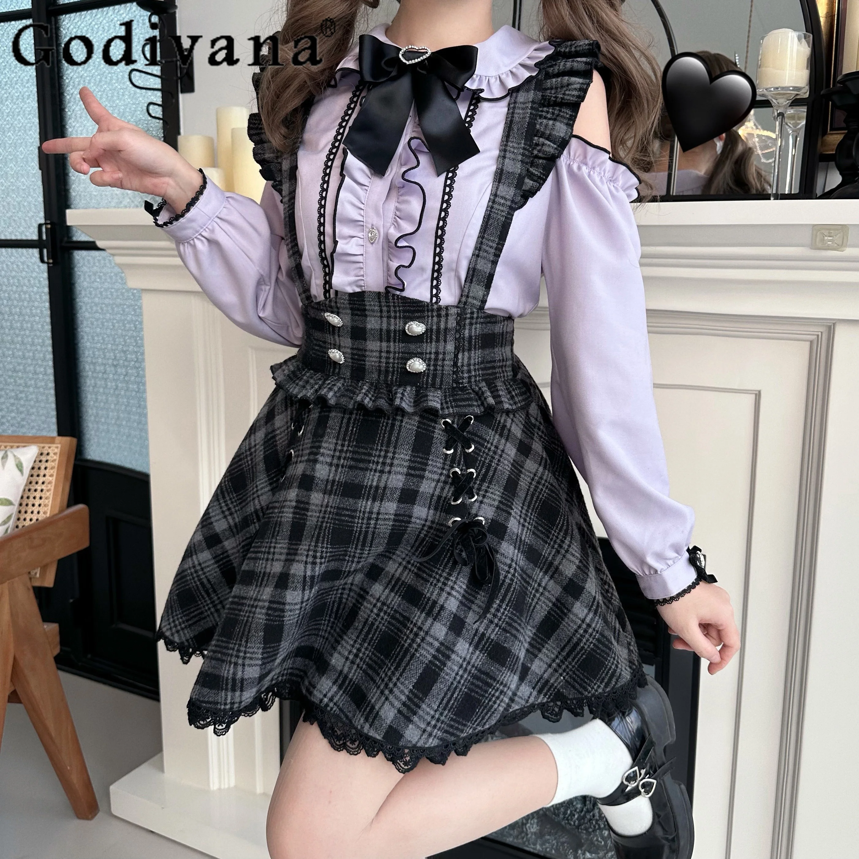 

Japanese Style Mass-produced Mine Purple Off-the-shoulder Shirt Women's Loose Bow Long-sleeved Blouses Plaid Strap Skirt Autumn