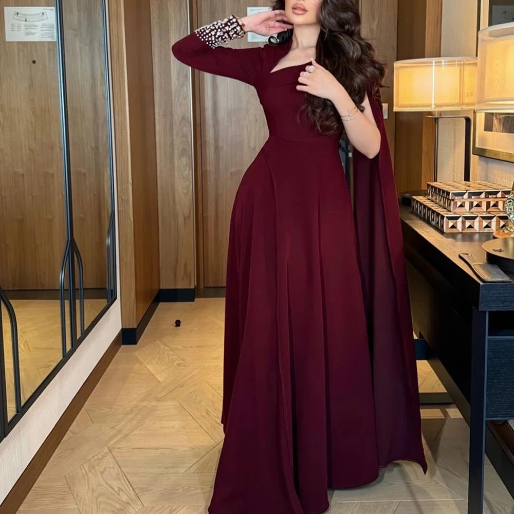 Customized Fashion Crystal Off The Shoulder Jersey Evening Dresses Temperament A-Line Floor Length Long Sleeves Celebrity Dress