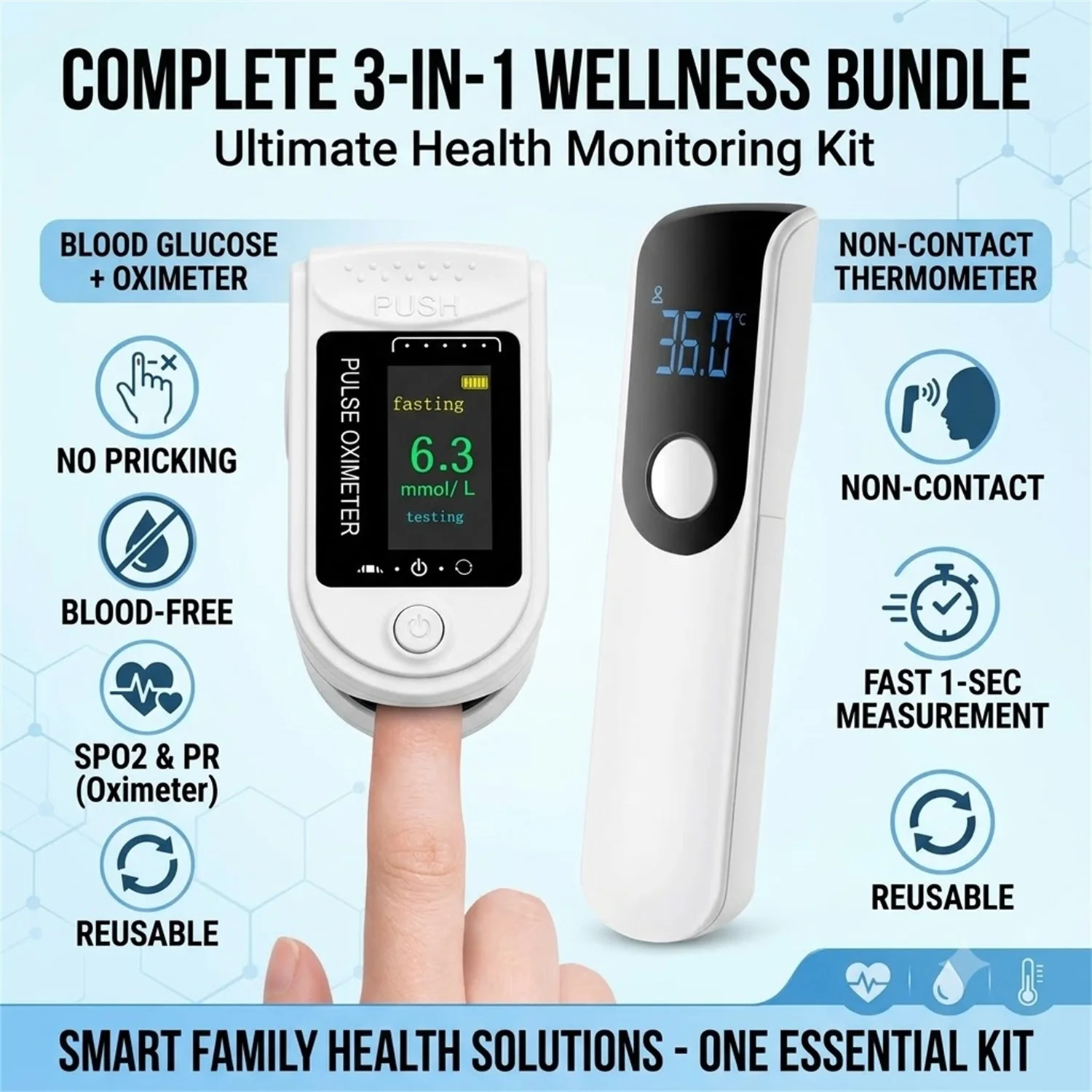 3 In 1 Blood Glucose, Blood Oxygen Monitor Finger Pulse Oximeter Fingertip Blood Glucose Meter & Non-contact Forehead Thermomete