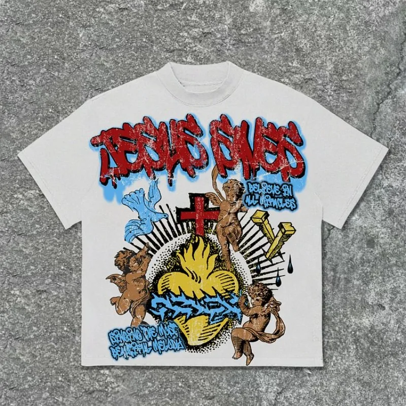 Camiseta Vintage de algodón con estampado gráfico de Jesús salva Ángel para hombre Y2K, camiseta informal de manga corta de verano de gran tamaño, ropa de calle, Tops para mujer