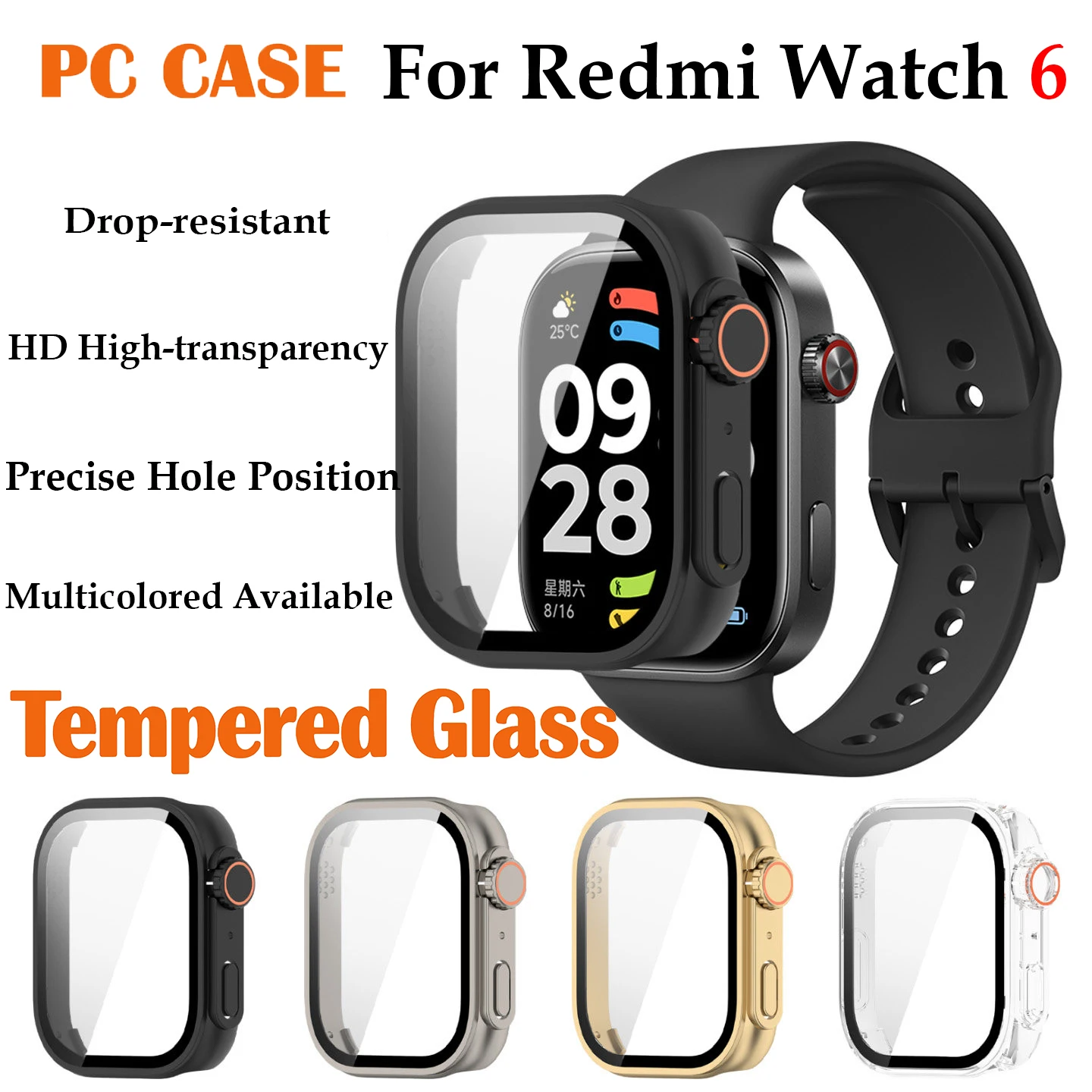 Harte PC-Hülle für Xiaomi Redmi Watch 6, Displayschutzfolie, Zubehör, kratzfeste Stoßstangenabdeckung aus gehärtetem Glas für Redmi Watch 6