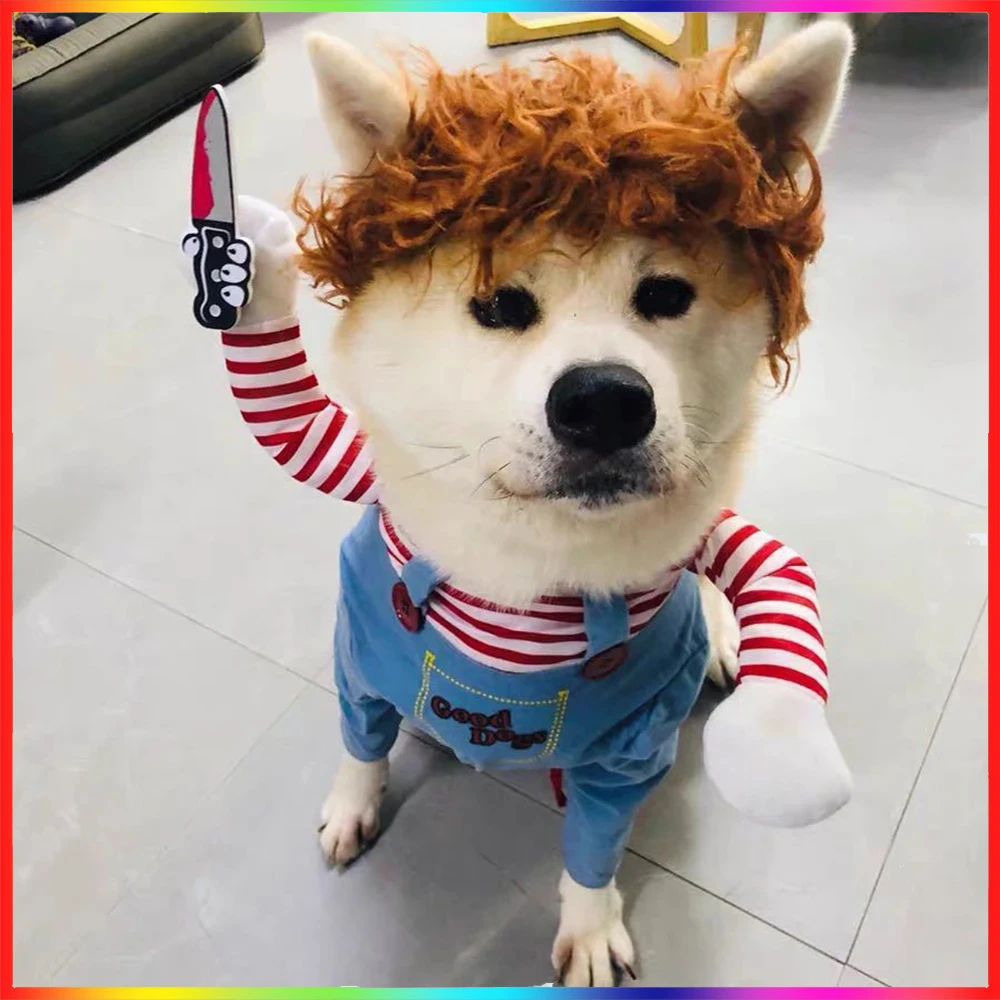 Funny Dog Clothes Cosplay Party Costume Face Cloth Comical Outfits Halloween Dress Jumpsuit Deadly Doll Pet Clothes Accessories