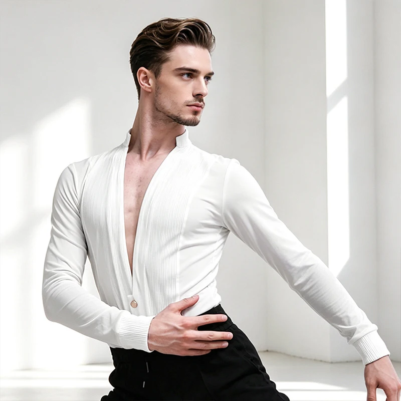 Men Latin Dance Performance Clothes Ballroom Dance Practice Top V-Neck Long Sleeve Bodysuit Male Latin Competition Outfit 5989