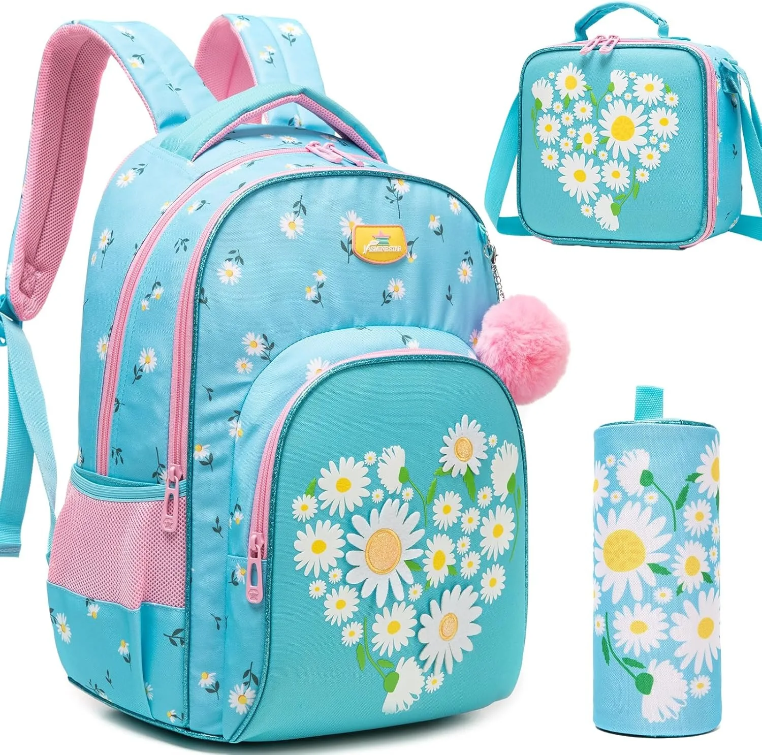 3PCS Backpack for Kids Flower Girls Bookbag Set with Lunch Box Elementary Middle School Daypack for Travel Back to School Supply