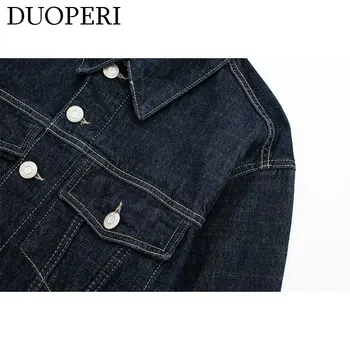 Women’s Blue Denim Jacket with Pockets 4 DUOPERI Women Fashion Denim Blue Single Breasted Jacket Lapel Neck Long Sleeves With Pockets Female Chic Lady Casual Outwear 4