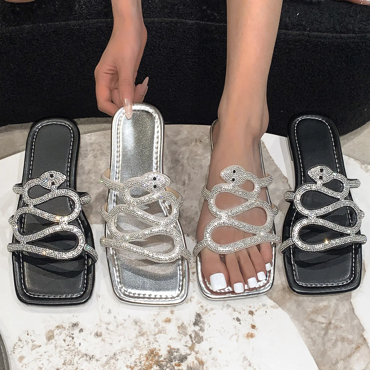 Glitter Slides Slippers Women Summer Square Toe Low Big Size Shoes Shale Female Beach Pantofle Jelly Sabot 2025 Rubber Fretwork