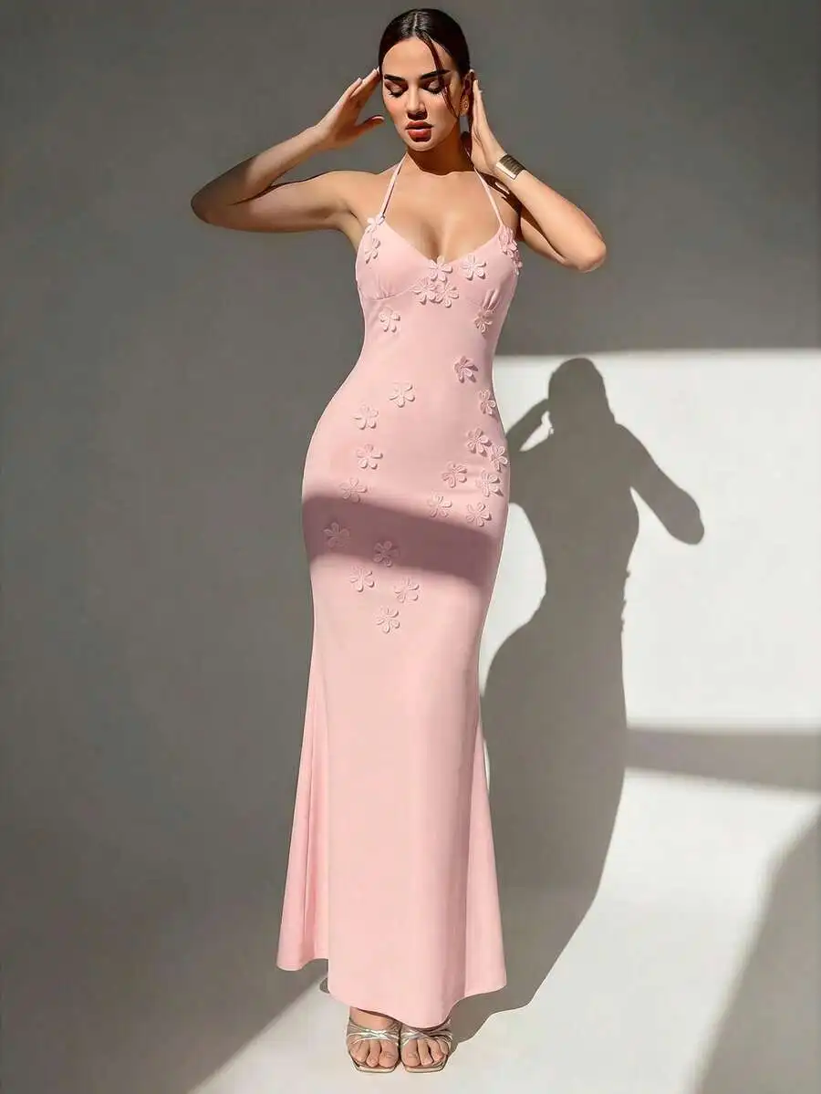 

Womens Sexy Y2K Micro Cup Front 3D Floral Decor Fitted Mermaid Maxi Slip Dress Pale Pink