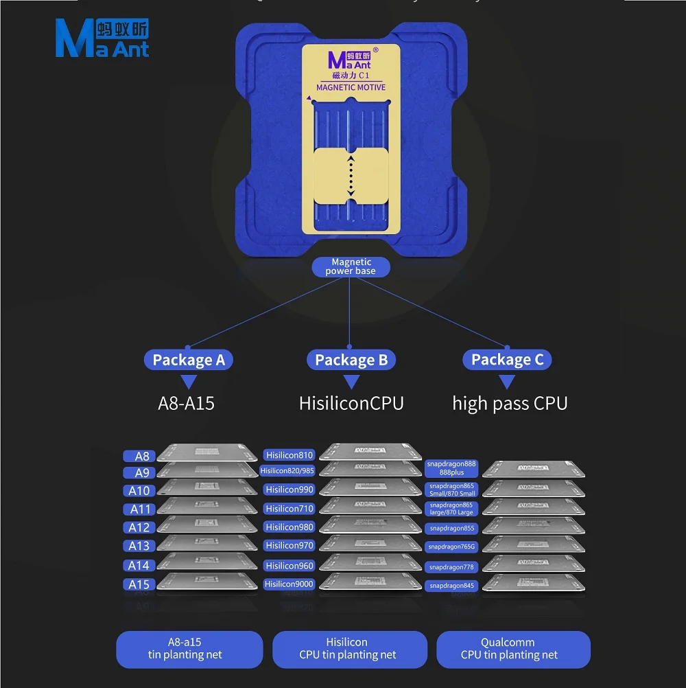 MaAnt C1 Magnetic CPU BGA Reballing Stencil Kit Platform For iPhone A8-A16 Hisilicon Qualcomm MTK EMMC Phone Steel Mesh Repair