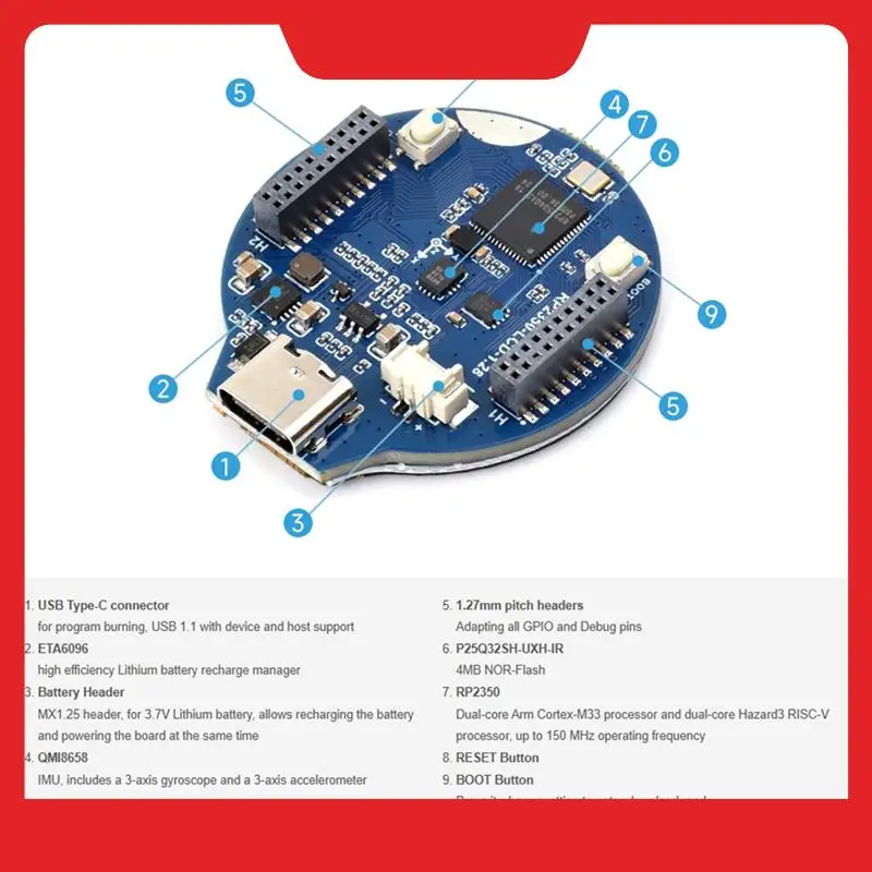 RP2350-LCD-1.28-B Pico 2 RP2350 MCU Board With 1.28Inch Round LCD, Dual-Core & Dual-Architecture Design, 240X240 Pixels