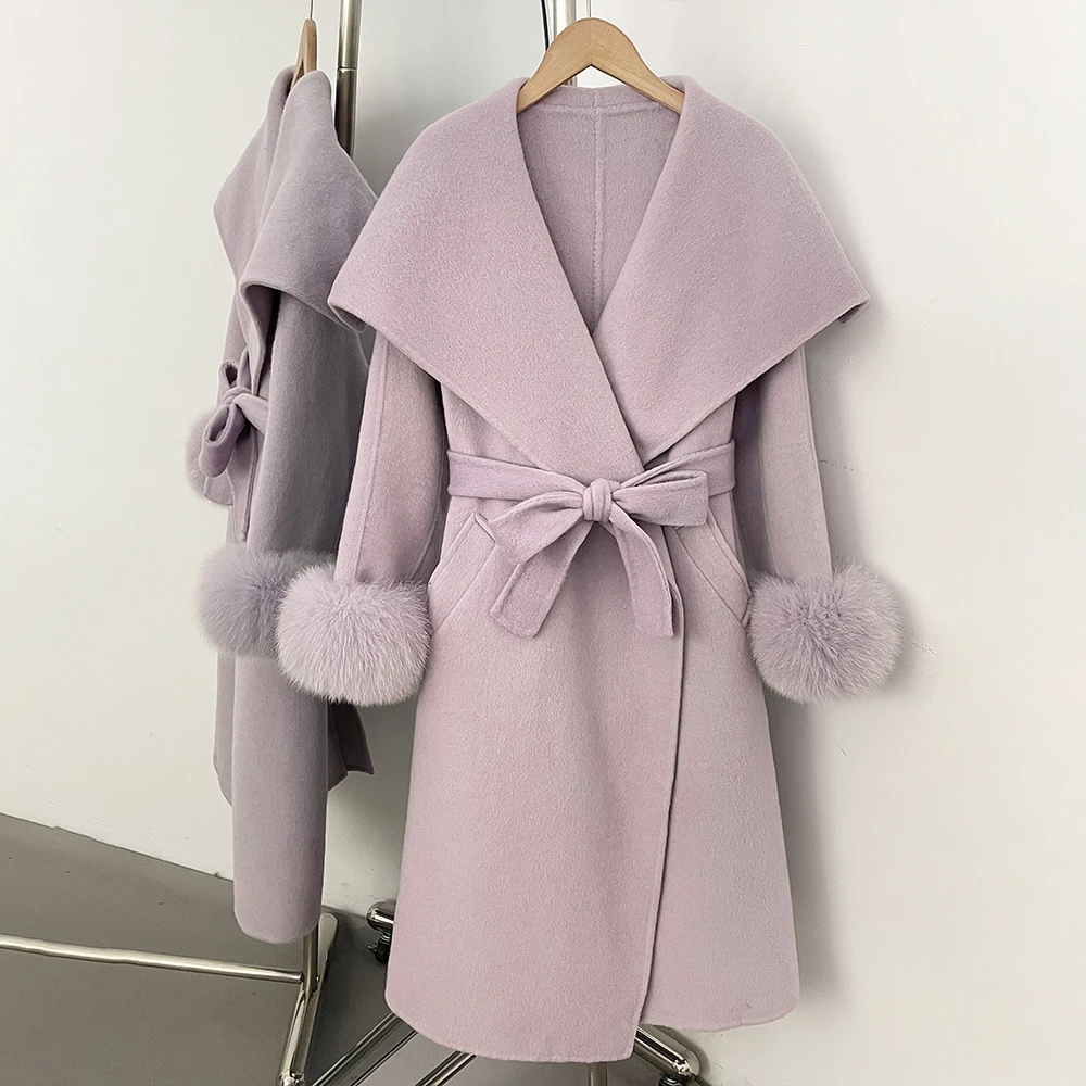 Elegant Woolen Coat Women's Big Collar Wool Coat Real Fox Fur Cuffs Autumn Winter Coats for Woman Winter Woolen Jacket Women