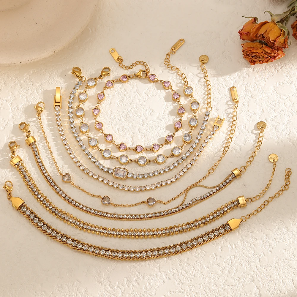 Zierliches Armband aus Edelstahl mit glänzendem Zirkon, 18K vergoldet, wasserdichter Schmuck, Geschenk für Frauen – Detail 2