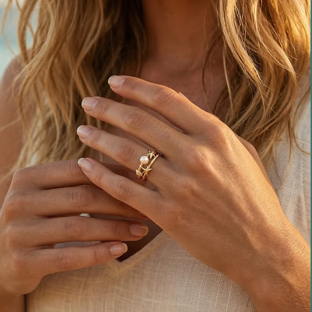 S925 Silver High Polished Hollow Duo Band Starfish Fishtail Open Rings For Women Pearl Dainty Trendy Lightweight Ring Party Gift