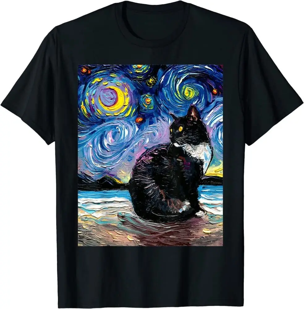 NEW Tuxedo Cat on Beach Starry Night Impressionist Art Retro Premium  T-ShirtAnime Pattern Clothing Y2K Summer